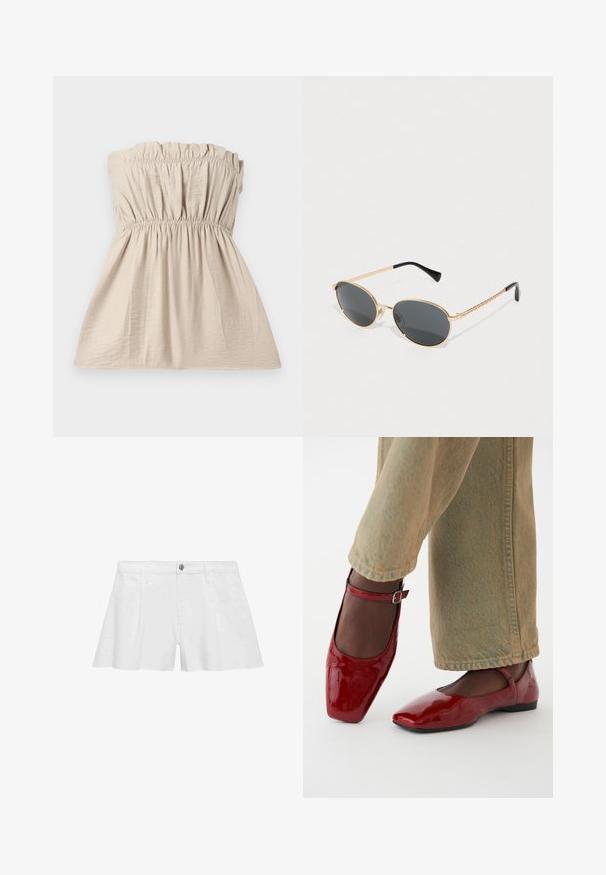Top bez naramenica bež boje s naboranom teksturom, elastičnom trakom na vrhu i u pasu, te lepršavim siluetom. Lagana tkanina s suptilnim sjajem.; Smeđi dugi rukav majica s izrezom u obliku žlice, koja sadrži velike bijele točke i nabranu dekoraciju u struku za prilagođeni izgled.; Bijele pamučne kratke hlače s opuštenim krojem, s prednjim džepovima, kopčanjem na gumb i ravnim šavovima za glatki završetak.; Crvene lakirane cipele s kvadratnim vrhom, niskom petom i remenom oko gležnja, uparene s laganim svijetlozelenim širokim trapericama. Glatka tekstura, reflektirajuća površina.; Ovalne sunčane naočale s tamnim staklima, zlatnim metalnim okvirom i pletenim zlatnim bočnim dijelovima. Crni vrhovi na drškama dodatno ističu dizajn.; Smeđa kožna torba od tkanih traka s dva rukohvata, strukturiranim oblikom i teksturiranom površinom, koja sadrži dijamantni uzorak kroz cijelu torbu.