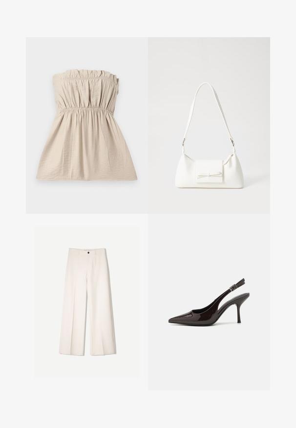 Top bez ramienok v béžovej farbe s nariasenou textúrou, elastickým pásom navrchu a v páse a voľnou siluetou. Ľahká látka so subtilným leskom.; Krémové široké nohavice s nohavicami na mieru, s dvoma prednými vreckami a jedným predným zapínaním na gombík, vyrobené z hladkej tkaniny.; Slingback vysoké opätky v lesklej tmavohnedej lakovej koži, so špicatou špičkou, otvorenými stranami a nastaviteľným remienkom na členku.; Biela syntetická kabelka s trojuholníkovým tvarom, plochým predným klapkou a detailom mašle, nastaviteľným popruhom, hladkou textúrou a minimalistickým dizajnom.