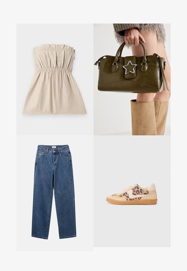 Bezplecu beigtas blūzes ar sakumpinātu faktūru, elastīga josla augšpusē un vidukļa daļā, kā arī plūstoša silueta. Viegls audums ar smalku spīdumu.; Klasiskie zili džinsi ar taisnu kāju dizainu, pieciem kabatām un pogu aizdari. Iezīmējas ar vidēju mazgāšanu un izturīgu tekstūru.; Leoparda drukas kedas ar beidzējo zamša virsu, brūnu gumijas zoli un baltām akcenta detaļām. Apļveida purngals un auklu aizdare ar strukturētu virsmu.; Olive zaļš mākslīgās ādas rokassomu ar sudraba zvaigznes akcentu, divām rokturiem un rāvējslēdzēja aizdari. Strukturēta forma un teksturēta virsma.