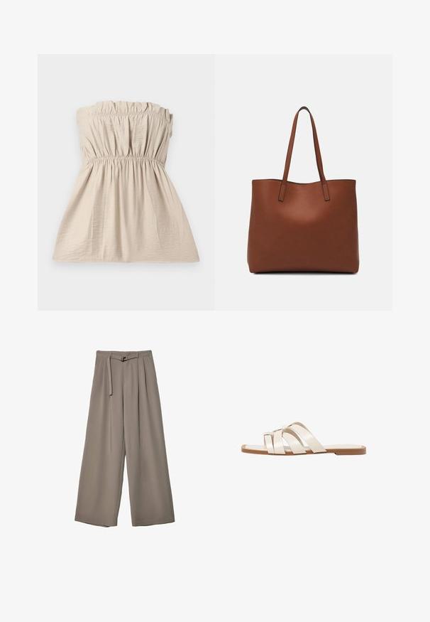 Top beige senza spalline con texture arricciata, banda elastica nella parte superiore e in vita, e una silhouette fluida. Tessuto leggero con una leggerissima lucentezza.; Pantaloni a gamba larga in un morbido tessuto grigio tenue, con vita con cintura e pieghe per un tocco di design aggiuntivo. Texture liscia, senza motivi.; Infradito con suola in gomma color talpa, progettate con tre cinturini in pelle bianca sovrapposti e un piccolo dettaglio a fiocco al centro.; Borsa tote in pelle marrone con texture liscia, design con apertura superiore e due spallacci. Presenta cuciture minime e nessun hardware visibile.