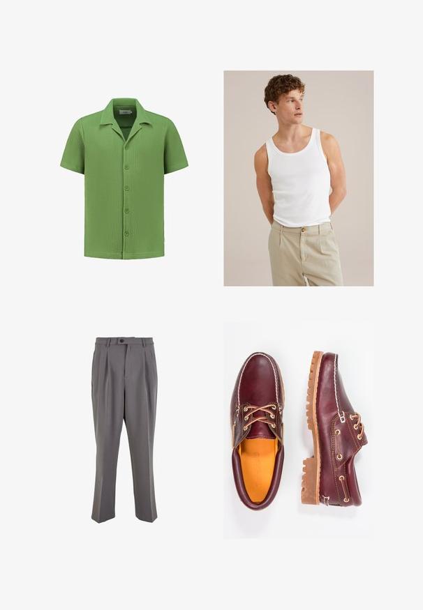 Rövid ujjú ing texturált világoszöld anyagból, gombos elejével és hegyes gallérral. A négyzetrácsos kötés dizájn fokozza a vizuális érdekességet.; Fehér pamut trikó, kerek nyakkivágással és széles pántokkal, világos bézs nadrággal, amelynek gombja és redőzete van.; Sima anyagból készült szürke pliszírozott nadrág, egyenes szabással, egygombos záródással és övhurkokkal. Minimalista dizájn.; Bordó bőr cipő barna gumitalppal, kerek orral, fehér varrással és arany fűzőlyukakkal. A belső tér sárga béléssel rendelkezik.