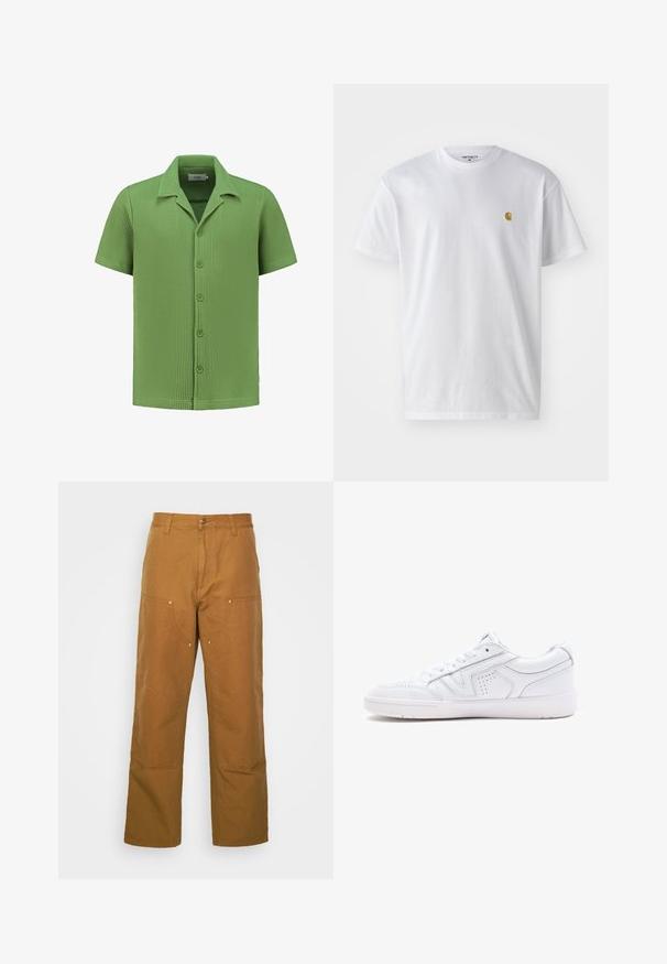 Trumpas rankovėmis marškiniai iš tekstūruoto šviesiai žalios medžiagos, su mygtukų užsegimu priekyje ir smailiu apykakle. Vaflinio rašto dizainas prideda vizualinio susidomėjimo.; Balta medvilnės marškinėliai su trumpomis rankovėmis, apvalia iškirpte, kuriuose kairėje krūtinės pusėje yra mažas auksinis logotipas. Minkšta tekstūra ir reguliari forma.; Rudos medvilnės naudingos kelnės su tiesiu sijonu, turinčios priekinius kišenes ir metalinius apdailos elementus, kurie suteikia papildomą tvirtumą.; Baltos odinės sportinės bateliai su žemu dizainu, apvaliu toe, perforuotais detalėmis ir kalta apačia. Įtrauktos raišteliai ir subtilūs siuvinėjimo akcentai.