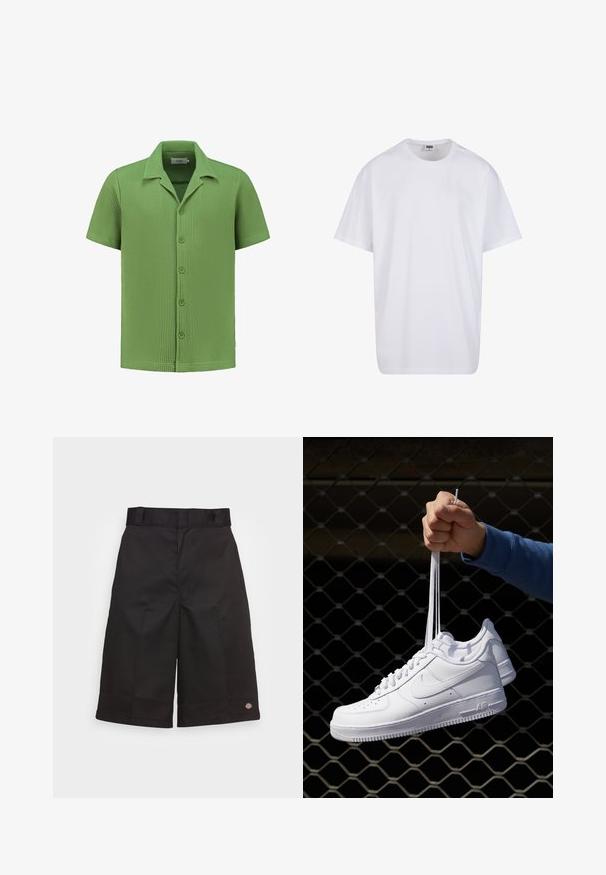 Lühikeste varrukatega särk tekstuuriga helesinises kangas, millel on nööbid ees ja terav krae. Vahvelkudumise disain suurendab visuaalset huvi.; Valge puuvillane t-särk lühikeste varrukatega, ümmarguse kaelusega, lõdva lõikega ja ilma nähtavate logodeta või mustriteta. Sile tekstuur ja minimaalne disain.; Mustast puuvillast lühikesed püksid sirge lõikega, kuni põlve, nähtava brändi logoga alumises servas ja sileda tekstuuriga.; Valged nahast tennisetossud, millel on perforatsioonid, ümar nina, lame tallus ja paksud nöörid, nähtava swooshi logoga ja "AIR" kontsadel.