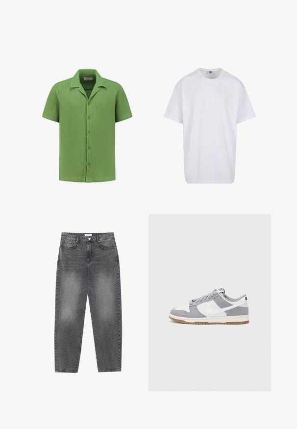 Kratka majica s kratkimi rokavi iz teksturirane svetlo zelene tkanine, ki ima sprednje gumbe in koničasti ovratnik. Oblikovanje vafeljaste pletenine dviguje vizualno zanimanje.; Bela bombažna majica s kratkimi rokavi, okroglim izrezom, sproščenim krojem in brez vidnih logotipov ali vzorcev. Gladka tekstura in minimalen dizajn.; Visoko pasovi, široke kavbojke iz obledelog črnega denima. Imajo pet žepov, zanke za pas in čisto, ravno obliko nog. ; Sive in bele teniske s suknim in usnjem zgornjim delom, zaobljenim nosom, ravnimi vezalkami in gumijastim podplatom z dodatkom gumijaste barve.