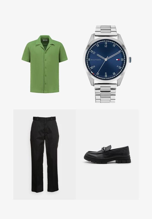 Košulja kratkih rukava od teksturirane svijetlozelene tkanine, s gumbima sprijeda i oštrim kragnom. Džersej uzorak u obliku vafla poboljšava vizualni dojam.; Crne hlače izrađene od glatkog materijala, s ravnim krojem, petljama za pojas i dva bočna džepa. Klasičan izgled bez ukrasa.; Crne kožne mokasine s zaobljenim vrhom, dekorativnom trakom i hardverom, te masivnom teksturiranom potplatom. Glatka površina s suptilnim detaljima.; Srebrni metalni sat s četkanim plavim brojčanikom, bijelim oznakama sati i prikazom datuma. Ima povezan metalni remen i logo marke.; Srebrna lančana ogrlica s debelim karikama i središnjim okruglim privjeskom s složenim detaljima. Glatka, reflektirajuća metalna površina.