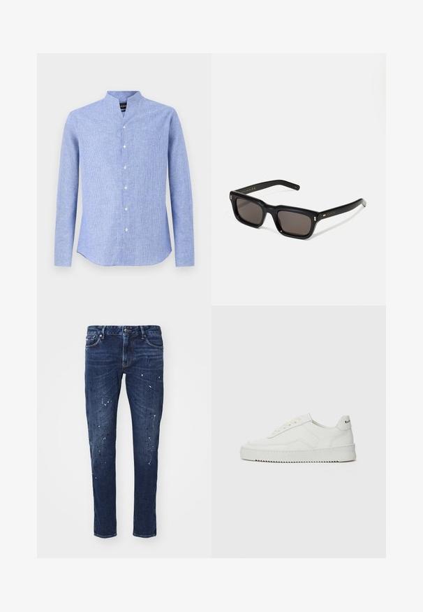 Camisa de manga larga en un patrón a cuadros azul claro y blanco, con cuello mao y botones blancos a lo largo de la parte frontal.; Jeans de mezclilla oscura con corte slim, que presentan manchas de pintura, costuras visibles y diseño clásico de cinco bolsillos. Corte recto.; Zapatilla de cuero blanca con un acabado suave, puntera redonda, cordones planos y suela texturizada. Cuenta con un sutil logo en el talón.; Gafas de sol rectangulares negras con lentes oscuros, marco de plástico grueso, acentos dorados en las patillas y logotipo de la marca grabado en el brazo.