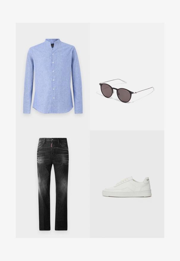 Šviesiai mėlyna ir balta languota ilgomis rankovėmis marškiniai, turintys mandarinų tipo apykaklę ir baltus mygtukus priekyje.; Juodi džinsai su tiesiu kirpimu. Spalvoti svyrantys plotai, šiek tiek sugadinti, klasikinis penkių kišenių dizainas ir mygtuko uždarymas.; Balti odiniai sportiniai bateliai su lygia apdaila, apvaliu pirštu, plokščiais raišteliais ir tekstūruotu padu. Pasižymi subtiliu logotipu ant kulno.; Juodos apvalios saulės akinių su tamsiais lęšiais ir plonomis metalinėmis šakomis. Įtraukti skaidrūs šventyklų galai ir sidabriniai akcentai vyrio srityje. Minimalistinis dizainas.