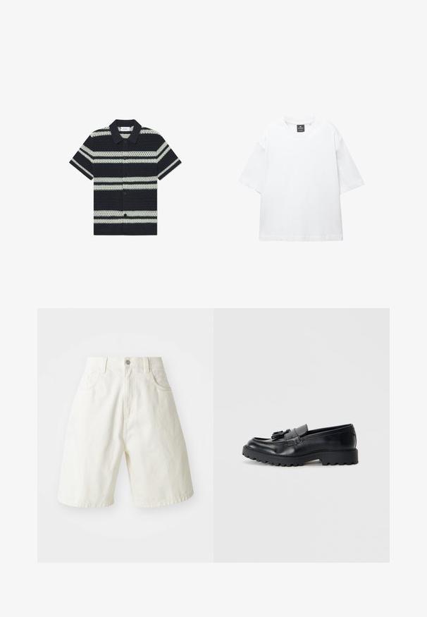 Zwart-wit gestreepte short-sleeve blouse met een kraag, voorzien van een gestructureerd patroon en een knoopsluiting aan de voorkant.; Witte t-shirt met korte mouwen van katoen, met een ronde hals en een relaxte fit met rechte zoom. Geen patronen of versieringen.; Witte denim short met een relaxte pasvorm, voorzien van een tailleband, vijf zakken en rechte pijpen. De stof heeft een lichte textuur.; Zwarte leren loafers met een glanzende afwerking, een dikke rubberen zool en een decoratieve kwastdetail aan de voorkant.