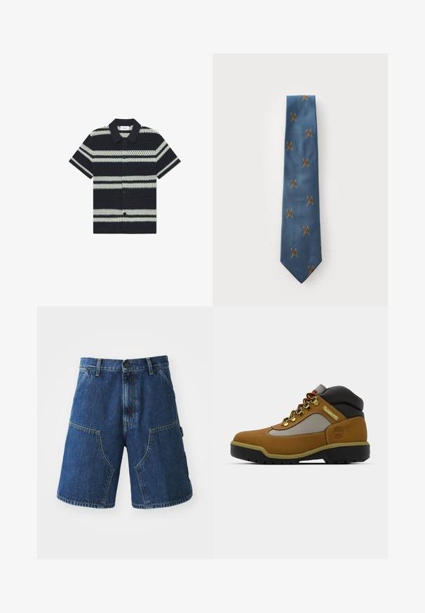 Melnbalts svītrainais īso piedurkņu krekls ar apkakli, kuram ir tekstūrēts raksts un pogu aizdare.; Džinsa šorti ar tumši zilu mazgājumu, ar lielām priekšējām kabatām, pogu aizdari un redzamām šuvēm gar malām.; Kraftīgs brūns pārgājienu zābaks ar pelēkiem un melniem akcentiem, teksturēta ādas virsma, metāla acs un izturīga gumijas zole labākai saķerei.; Šaurs zils zīda kaklasaite ar teksturētu virsmu, kas rotāta ar zelta izšūtiem rakstiem ar kustībā esošām figūrām, kas izkaisītas visā kaklasaitē.