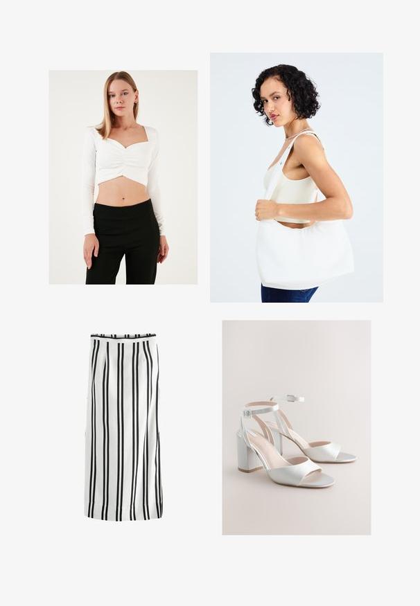 Valge pika varrukaga lühike topp ruudukujulise kaelusega ja kogutud keskmise detailiga, koos mustade kõrge vöökohaga pükstega. Sile tekstuur.; Next COLUMN - REGULAR FIT - Maksiseelik - black white; Valged avatud varbaga plokktallaga sandaalid, millel on pahkluu rihmad ja hõbedased pandlad neutraalsel beežil taustal.; Valge õlakott, mis on valmistatud siledast materjalist, ümmarguse lõikega ja laia rihmaga. Lihtne ja modernne, ilma nähtava riistvara või detailideta.