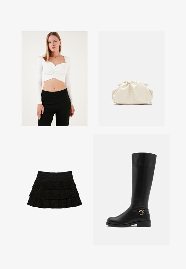 Weißes langärmliges Crop-Top mit quadratischem Ausschnitt und gerafftem Mittelteil, kombiniert mit schwarzen hoch taillierten Hosen. Glatte Textur.; Schwarzer, gestufter Rock mit drei Lagen Rüschen und einem strukturierten Blumenmuster. Elastischer Bund für Komfort und Passform.; Anna Field Wide Fit Stiefel - black; Cremfarbener, weicher Kunstlederbeutel mit gerafftem Design, verstellbarem Schultergurt und subtiler Kordelzug-Verschluss. Glatte Textur und runde Form.; Silberne Tropfohrringe mit abgerundeten, reflektierenden Oberflächen; minimalistisches Design mit glatter Textur und subtilen Brandingdetails.