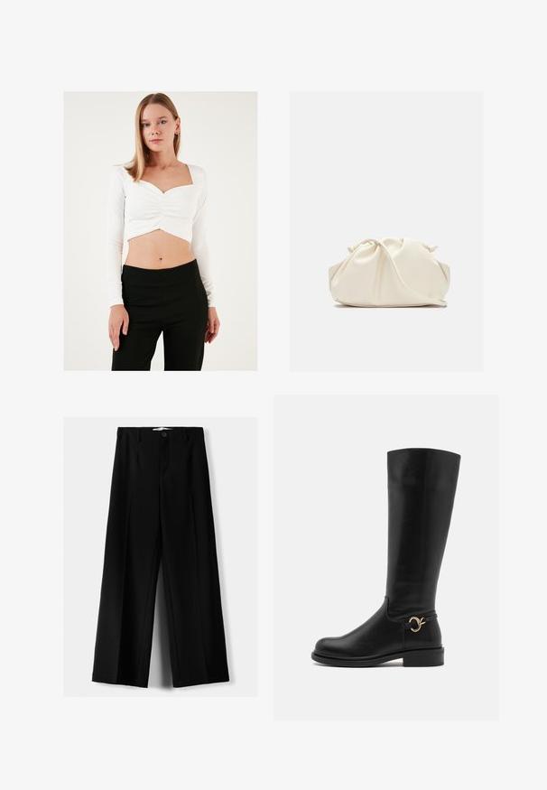 Hvid langærmet cropped top med firkantet halsudskæring og rynket centerdetalje, sat sammen med sorte høj taljede bukser. Glat tekstur.; Sorte brede bukser lavet af letvægtsstof, med frontknaplukning og glat front, samt pænt syede kanter.; Anna Field Wide Fit Høje støvler/ Støvler - black; Cremefarvet, blødt kunstlædertaske med sammenkrøllede detaljer, justerbar rem og diskret snørelukning. Glat overflade og afrundet form.