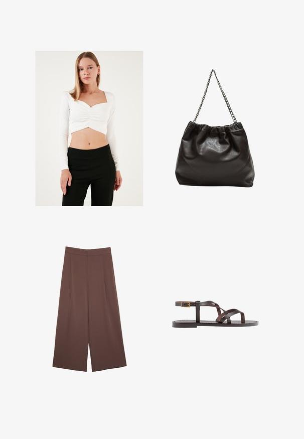 Biely dlhý rukáv crop top so štvorcovým výstrihom a zhrnutím v strede, kombinovaný s čiernymi nohavicami s vysokým pásom. Hladká textúra.; Hnedé nohavice so širokými nohavicami a hladkou textúrou, s vysokým pásom a prednými skladmi. Tkanina je ľahká a voľne sa pohybuje.; Hnedé kožené sandály s krížovými popruhmi, uzatváraním na pracku okolo členku a plochou podrážkou s minimálnymi ševmi.; Hnedá kožená taška so zberaným vrchom a reťazovým popruhom. Hladký povrch s lesklým finišom a jemným švom po stranách.