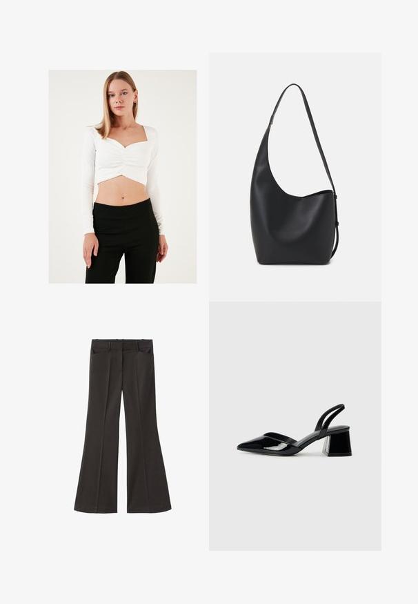 Valkea pitkähihainen lyhyt toppi, jossa on neliön muotoinen pääntie ja kerätty keskikohta, yhdistetty mustiin korkeavyötäröisiin housuihin. Suora pinta.; Mustat vyötäröltä korkealla loistavat housut; niissä on kaksi etutaskua ja sileä kangaspinta. Sopii eri tilaisuuksiin.; Mustat patentoitu nahkakengät, joissa on säären takaosa ja terävä kärki, sekä geometrinen palikkakorko. Sisältää tyylikkään, minimalistisen muotoilun ja sileän pinnan.; Musta nahkainen hobo-laukku, jossa on sileä pinta, kaareva muoto ja yksi säädettävä olkahihna; sisäänkäynti on leveä ylhäältä.