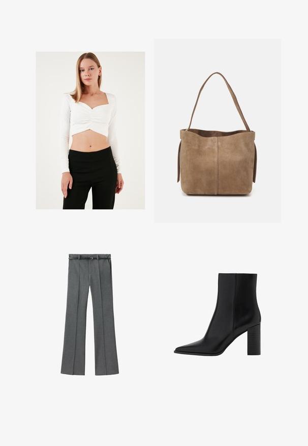 Witte lange mouw crop top met een vierkante halslijn en samengestelde detail in het midden, gecombineerd met zwarte hoge taille broeken. Zachte textuur.; Grijze op maat gemaakte broek met een recht model, lichtgewicht stof, riemlussen en een smalle riem met een zilveren gesp.; Zwarte leren enkellaars met een spitse neus, vierkante hak, een gladde textuur en stikdetails langs de naden. De hakken zijn ongeveer 8,9 cm hoog.; Bruine suède schoudertas met een zachte textuur, open top en een enkele schouderband. Heeft een gladde afwerking en minimale detaillering.