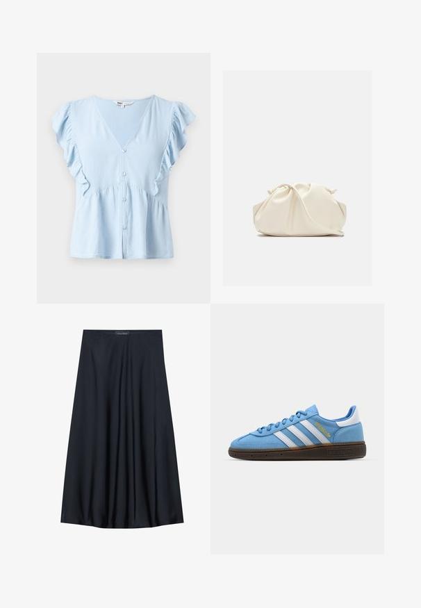 Šviesiai mėlyna bluzonė, pagaminta iš minkštos medžiagos, su V formos iškirpte, raukiniais ant rankovių, mygtukų priekyje ir surinkta juosmens detalė.; Juoda, iki kelių siekianti sijonas, pagamintas iš lengvos medžiagos, turinčios sraunią struktūrą. Jame yra lygus paviršius ir subtilūs raukiniai, skirti papildomam akcentui.; Šviesiai mėlyni suediniai sportbačiai su baltomis odinėmis juostelėmis, ruda tekstūruota padais ir auksiniu logotipo akcentu. Žemas dizainas su apvaliu pirštu.; Kremo spalvos, minkšta dirbtinės odos rankinė su susiraukiamu dizainu, reguliuojama juostos ilgis ir subtilus virvutės užsegimas. Sklandi tekstūra ir apvalios formos.