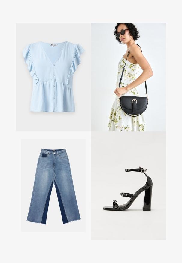 Light blue blouse made of soft fabric, featuring a V-neck, ruffled sleeves, a button front, and a gathered waist detail.; Light blue wide-leg jeans featuring contrasting dark blue panels, frayed hems, and a standard waist with a metal button closure.; Black patent heeled sandals with a square toe, ankle straps, and silver buckles. Features a chunky block heel for stability.; Black leather handbag with a curved shape, detachable strap, and gold hardware. The bag features a flap with a buckle detail.