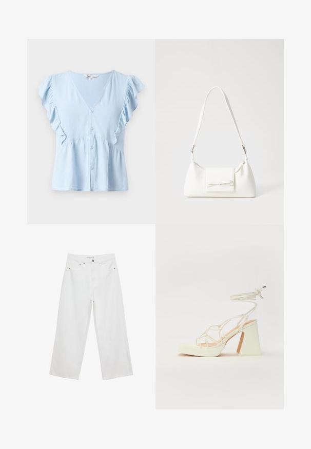 Helle blaue Bluse aus weichigem Stoff, mit V-Ausschnitt, gerafften Ärmeln, Knopfleiste und einem gerafften Taillendetail.; Weiße Jeans im weit geschnittenen Design aus Denim mit hoher Taille, ausgestattet mit fünf Taschen und Metallbeschlägen. Glatte Textur, keine sichtbaren Muster.; Weiße High-Heel-Sandale mit einem klobigen Absatz, die über ein Riemchendesign und ein Knöchelband verfügt. Glatte Textur mit einer Plattform vorne für zusätzliche Höhe.; Weiße synthetische Handtasche in dreieckiger Form, flache Vorderklappe und Schleifendetail, verstellbarer Trageriemen, glatte Textur und minimalistisches Design.