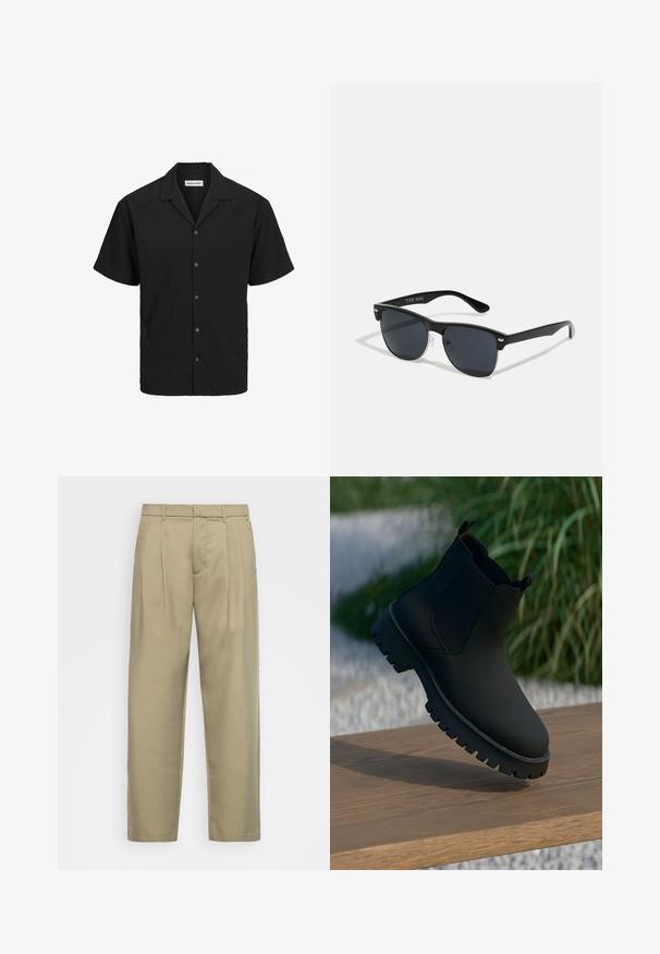 Kratka majica s dugim rukavima u crnoj boji s teksturiranom tkaninom, kragnom kamp stila i pet dugmadi u skladu duž prednje strane.; Bež hlače visokog struka s ravnim krojem, s ravnim prednjim dijelom, bočnim džepovima i glatkom, teksturiranom tkaninom.; Crna gležnjača s glatkim završetkom, elastičnim bočnim panelima i debelim, robusnim potplatom. Postavljena protiv prirodne pozadine na drvenoj površini.; Crne sunčane naočale pravokutnog oblika, tamne leće, srebrni detalji na sljepoočnicama i matirajuća završna obrada okvira.