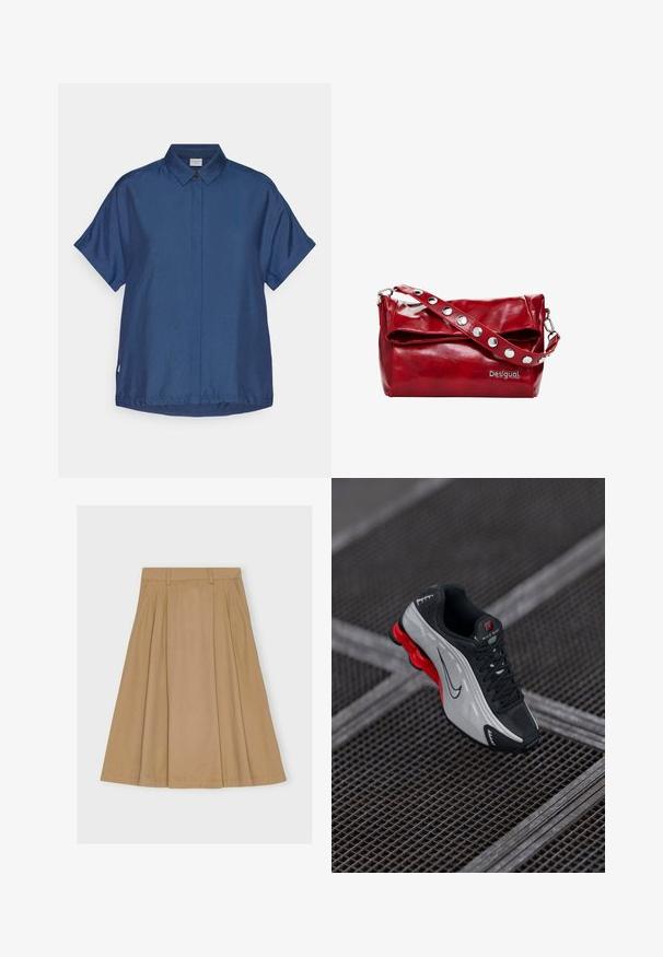 Sötétkék, rövid ujjú ing sima anyagból. Klasszikus gallérral, elöl gombos záródással és kényelmes, egyenes aljjal rendelkezik.; Térd középig érő, bélelt szoknya világosbarna pamutból, igényes derékpánttal, övhurkokkal és egyenes szegéllyel.; Fekete és szürke sportcipő piros párnázott talppal, fekete fűzőkkel és swoosh logóval, fémből készült rácsos felületen.; Piros szintetikus bőrből készült válltáska, hajtószárnyú fedéllel, ezüst snap díszítéssel a pánton és nyomtatott "Desigual" logóval.