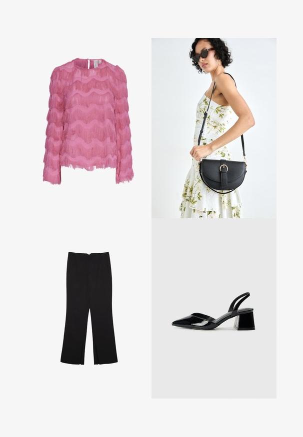 Ružová blúzka s vlnitými strapcami, dlhými rukávmi a okrúhlym výstrihom so zadným otvorom v tvare kľúčovej diery. Vyrobená z ľahkého materiálu.; Čierne nohavice so strihom rovného strihu, s prednými vreckami a bočnými rozparkami na leme. Vyrobené z mäkkej, hladkej tkaniny. Vhodné na rôzne príležitosti.; Čierne lakované kožené sandálové podpätky s špicatou špičkou a geometrickým blokovým podpätkom. Disponujú elegantným, minimalistickým dizajnom a hladkým povrchom.; Čierna kožená kabelka s zaobleným tvarom, odnímateľným popruhom a zlatými doplnkami. Kabelka má klopu s detailom s prackou.