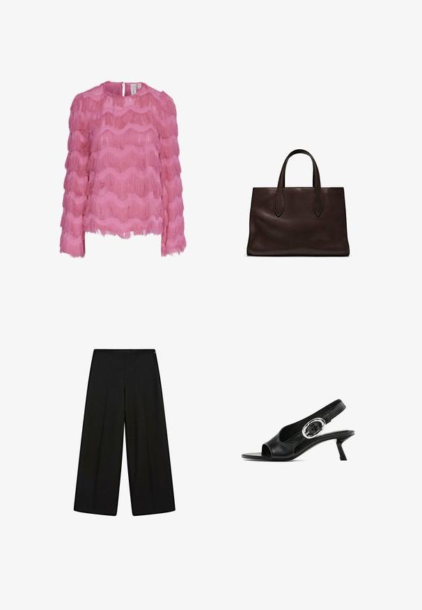 Rosa blus med böljande franslager, långa ärmar och rund halsringning med öppning i ryggen. Tillverkad av lättviktig tyg.; Svarta vida byxor i mjukt tyg, med hög midja och veck, som har en slät yta utan synliga dekorationer.; Svart lädersandal med öppen tå, som har en silver oval spänne på remmen och en smal kittenheel. Slät textur.; Brun läder tote-väska med två avlånga handtag, strukturerad rektangulär form, slät textur och subtila sömdetaljer.