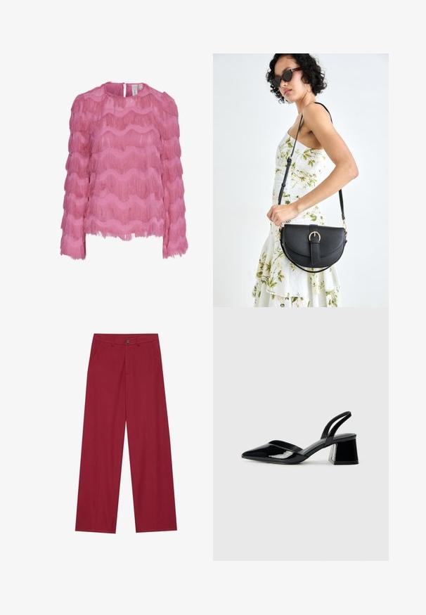 Rožinė palaidinė su banguotomis kutais, ilgomis rankovėmis ir apvaliu kaklu, su užpakalinėmis durimis. Pagaminta iš lengvos medžiagos.; Platus kojos kelnės pagamintos iš glotnaus, tekstūruoto audinio tamsiai raudonos spalvos. Turi priekinę kišenę ir vieną sagą liemens srityje.; Juodos lakuotos odinės šlepetės su smailiu pirštu ir geometriniu bloko kulnu. Turi elegantišką, minimalistinį dizainą ir lygų paviršių.; Juodas odinis krepšys su išlenkta forma, nuimamu dirželiu ir auksiniais detalėmis. Krepšys turi kilpą su sagtimi.