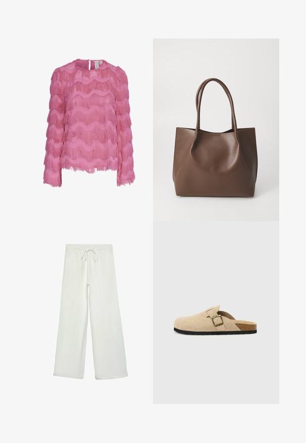 Rosa Bluse mit wellenförmigen Fransenlagen, langen Ärmeln und einem runden Ausschnitt mit einem Schlüsselaugenverschluss auf der Rückseite. Aus leichtem Stoff gefertigt.; Weiße, weit geschnittene Hose aus weichem Stoff. Mit einem elastischen Bund und einem Kordelzug sowie einer glatten Oberfläche. Keine sichtbaren Muster oder Hardware.; Beige Wildleder-Slipper mit einem Korkfußbett, runder Zehenpartie und einem einfachen Riemen mit einer goldfarbigen Schnalle. Gummi-Sohle für besseren Halt.; Braune Leder-Tote mit zwei langen Tragriemen, strukturiertem Shape, glatter Textur und minimalistischem Design. Keine sichtbaren Beschläge oder Akzente.