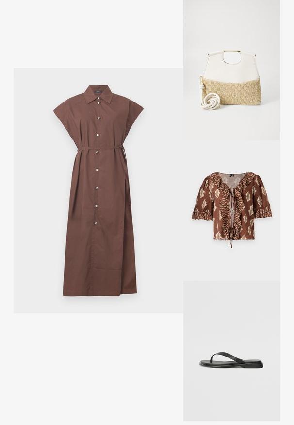 Brown short-sleeve blouse with leaf pattern in cream and wavy gold accents, ruffled neckline, and front tie detail.; Brown button-up dress with a collared neck, short sleeves, belt tie at the waist, and a long, flowing design. Smooth cotton fabric.; Black flip-flop made of smooth leather, featuring a thin strap design and a flat sole with a minimal profile. No notable patterns or accents.; White leather handbag with a textured cream woven fabric bottom. Features a gold-tone handle and a coiled white strap for versatility.