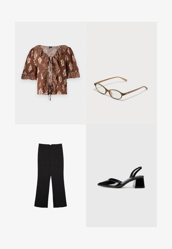 Blusa marrone a maniche corte con motivo a foglie in crema e dettagli ondulati dorati, scollo arricciato e dettaglio con fiocco davanti.; Pantaloni neri a gamba dritta, con tasche frontali e spacchi laterali all'orlo. Realizzati in tessuto morbido e liscio. Adatti a diverse occasioni.; Décolleté in vernice nera con punta affusolata e tacco in geometria cubica. Presentano un design elegante e minimalista, con una texture liscia.; Occhiali tortoiseshell marroni con lenti ovali, aste sottili e dettagli trasparenti. Presentano un logo sottile sulla tempia. Design elegante e leggero.