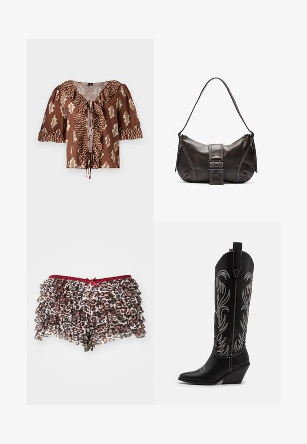 Brūna īsām piedurknēm blūze ar lapu rakstu krēmkrāsā un viļņotām zelta akcentiem, ar kroku apkakli un priekšējo saitītes detaļu.; Ziedu leopardu raksta šorti ar slāņainiem pamēriem, ar sarkanu mežģīņu jostu un mazu lenti priekšā.; Melnas ādas kovboju zābakus ar norādītām pirkstiem, sānām paceltu papēdi un sudraba izšūtām ziedu rakstiem gar zābaka kāju. Kontrasta dūrieni visā zābakā.; Brūna ādas plecu soma ar izliekta formu, kas izceļas ar izteiktu sprādzes detaļu, kontrastējošām šuvēm un vienu plecu siksnu.