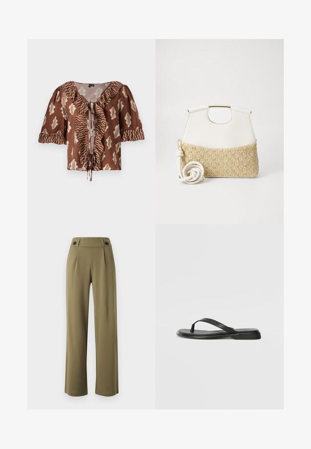 Brown short-sleeve blouse with leaf pattern in cream and wavy gold accents, ruffled neckline, and front tie detail.; Olive green, wide-leg trousers with a high waist, featuring two black buttons on the waistband and front pleats. Smooth fabric texture.; Black flip-flop made of smooth leather, featuring a thin strap design and a flat sole with a minimal profile. No notable patterns or accents.; White leather handbag with a textured cream woven fabric bottom. Features a gold-tone handle and a coiled white strap for versatility.