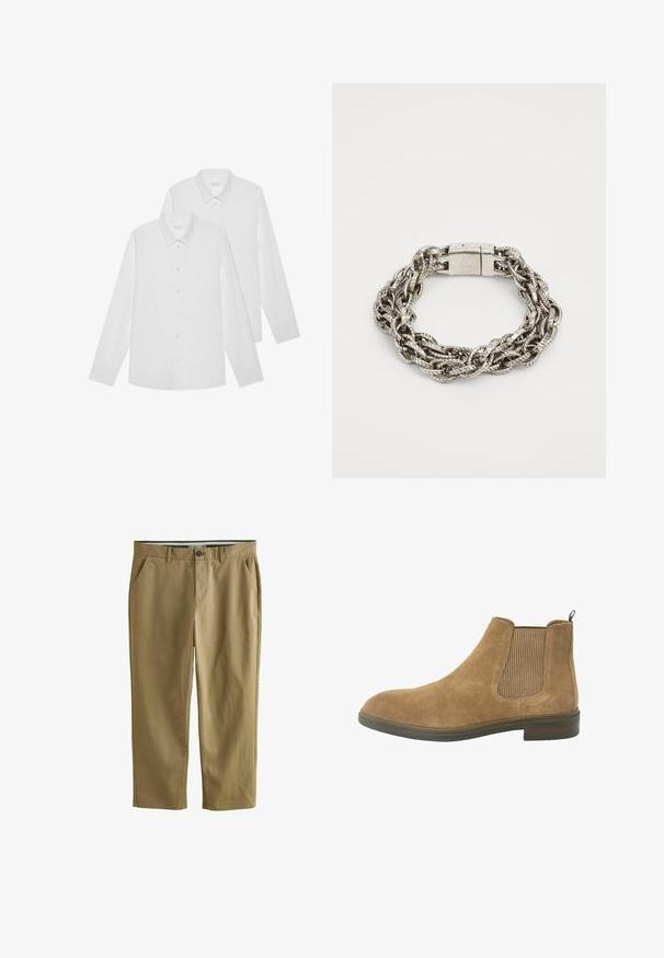 Kaks valget pika varrukaga nööpkinni särki, mis on valmistatud siledast kangast, klassikalise krae ja nööpidega esiküljega, ühtlase tekstuuriga.; Khaki chinos, mis on valmistatud puuvillasegistusest, sisaldavad kahte külgtaskut, nööbikinnitust, sirgeid jalgu ja sujuvat tekstuuri.; Kohvitooni sametist Chelsea saapad elastsete külgpaneelidega, ümar toe ja tõmbenööriga; vastupidav kummist tald ja tekstuuriga kangast aksessuaared.; Hõbedane metallist kett käevõru, millel on punutud disain koos tekstuursete kampadega ja klambriga sulgemine. Sile viimistlus peegeldavate pindadega.