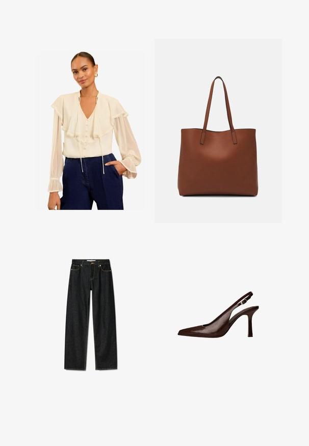 Krämfärgad blus med volanglager, knäppt framtill och snörning i halsen; genomskinliga långärmar med elastiska ärmslut; parat med marinblå byxor.; Mörka denimjeans med rak passform, knappstängning i brons och kontrasterande gula sömmar. Har fem fickor och en klassisk passform.; Brun läder slingback-pump med spetsig tå och tunn klack. Har en liten accentspänne på remmen och en glänsande yta.; Brun läder tote-väska med en slät textur, öppen toppdesign och två axelremmar. Har minimal söm och ingen synlig metalldetalj.