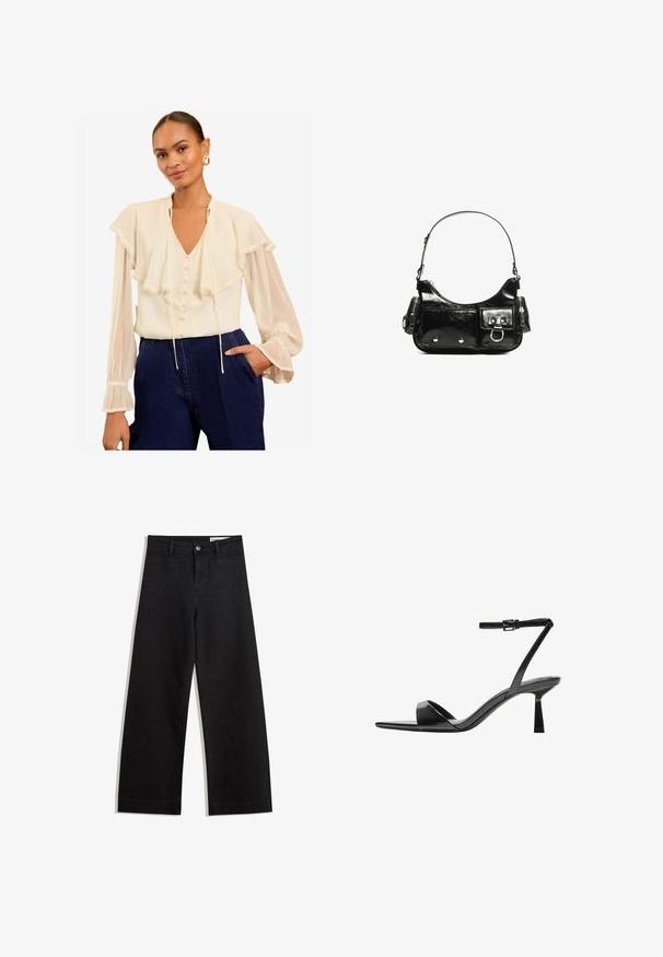 Blusa di crema con strati arruffati, davanti con bottoni e scollatura con laccetti; maniche lunghe trasparenti con polsini elasticizzati; abbinata a pantaloni blu marino.; Pantaloni in denim neri a gamba larga con vita alta, dotati di tasche anteriori e posteriori, cuciture a punto, e chiusura con bottone. Texture liscia.; Bershka Sandali con tacco - black; Borsa a spalla in vernice nera con forma curvata, una tracolla, tasche frontali e dettagli in metallo argentato.