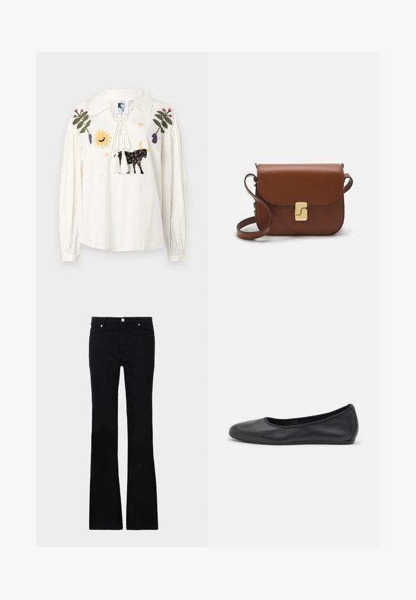 White long-sleeve blouse with a pointed collar, featuring multicolored embroidered motifs including a cow, sun, and leaves. Tasseled drawstring closure.; Black ribbed tank top with a rounded neckline, fitted shape, and seamless edges. Fabric is soft and stretchy. Label reads "LAUREN."; Black flared jeans made of denim, featuring two front pockets, a button closure, and a smooth texture. Signature stitching visible at seams.; Black leather ballet flat with a rounded toe, smooth texture, minimal stitching detail, and a flexible sole design.; Brown leather handbag with a flap closure, gold-tone hardware, a shoulder strap, and a smooth texture. Compact rectangular shape.