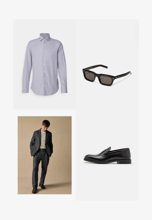Šviesiai mėlynos ir baltos juostelės ilgomis rankovėmis marškiniai su mygtukų uždengimu, priekiniais mygtukais ir kreipiančiu kraštu. Minkštas audinio tekstūra.; Pilkas pritaikytas kostiumas su įpjovomis apykaklėmis ir priekinėmis kišenėmis, derinamas su dryžuotu marškiniais. Kelnės turi laisvą siluetą ir raukšlėtą detalizavimą. Rudos bateliai.; Juodos odinės loafers, turinčios lygų paviršių, apvalią noselę ir dekoratyvinę juostą per priekinę dalį. Žemas krentantis kulnas, minimalistinis dizainas.; Juodos stačiakampės akinių nuo saulės su tamsiais objektyvais, storu plastiko rėmu, auksinėmis detalėmis ant šventyklų ir prekės ženklo logotipu išgraviruotu ant šono.