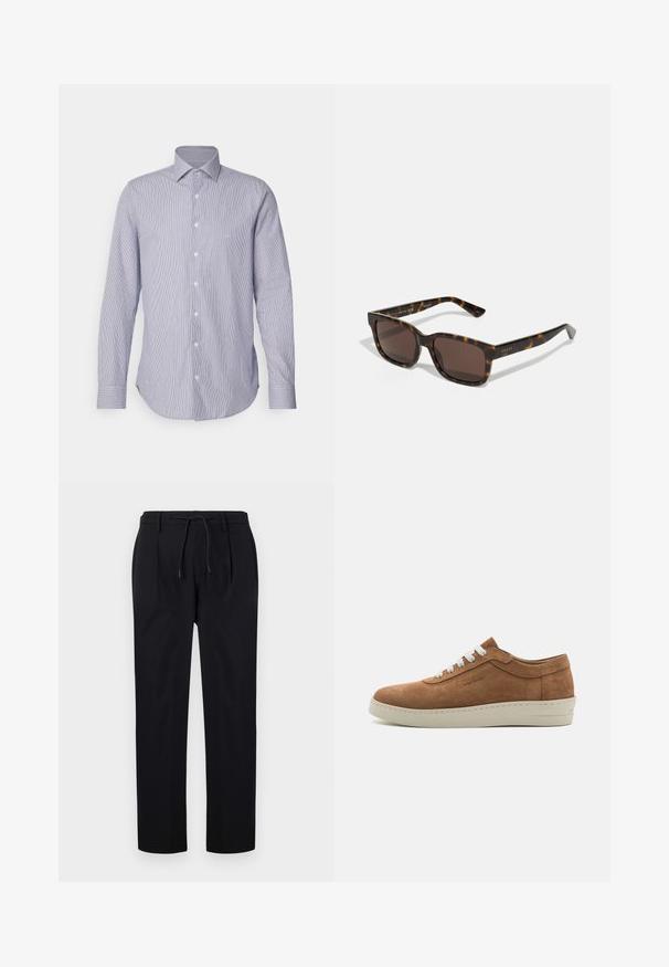 Cămașă cu mânecă lungă, în dungi albastre deschise și albe, cu guler cu nasturi, nasturi în față și un tiv curbat. Textură a țesăturii moale.; Pantaloni negri dintr-un material neted, cu talie ajustabilă prin sfoară, picioare drepte și pliere frontală pentru un aspect structurat.; Adidași din suede maro cu șireturi albe, vârf rotunjit și talpă din cauciuc texturată. Prezintă un accent cusut de-a lungul marginii tălpii.; Ochelari de soare Gucci cu rame pătrate din plastic țestoasă și lentile maro. Prezintă un branding subtil pe temple.