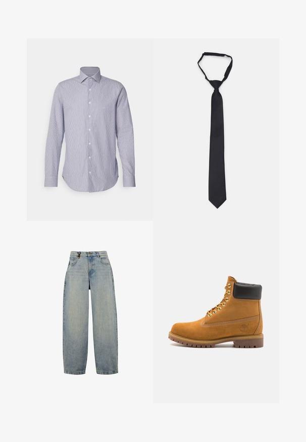 Lichtblauw en wit gestreept overhemd met lange mouwen, een button-down kraag, knopen aan de voorkant en een gebogen zoom. Zachte stoftextuur.; Lichtblauwe denim jeans met een ontspannen pasvorm, voorzien van een hoge taille, wijde pijpen, een klassiek vijf-pocket ontwerp en metalen hardware accenten.; Tan suède enkelboot met zwart gevoerd kraagje, gouden metalen oogjes, witte stikdetails en een robuuste rubberen zool met uitgesproken profiel.; Zwarte zijden stropdas met een gladde textuur, verlengd ontwerp, smalle breedte en puntige punt; heeft een subtiele merkl logo nabij de punt.