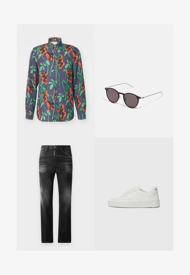PS Paul Smith Shirt - blues; Black denim jeans with a straight fit. Features faded areas, minor distressing, classic five-pocket design, and a button closure.; White leather sneaker with a smooth finish, round toe, flat laces, and a textured sole. Features a subtle logo on the heel.; Black round sunglasses with dark lenses and slim metal arms. Includes clear temple tips and silver accents at the hinge. Minimalist design.