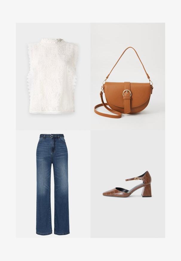 Top fără mâneci din dantelă albă, cu un guler înalt și volanat, modele florale și margini în ondulație pentru un plus de textură și detaliu.; Jeans din denim albastru cu pantaloni largi și talie înaltă, prezentând două accente cu catarame metalice, decolorare subtilă și un design standard cu cinci buzunare.; Pantofii din piele lăcuită maro cu vârful pătrat, model texturat de crocodil, curea pentru gleznă cu cataramă aurie și toc gros.; Geantă din piele maro, tip crossbody, cu o formă curbată, accesorii aurii și un accent cu cataramă. Dispune de un curea de umăr detașabilă.