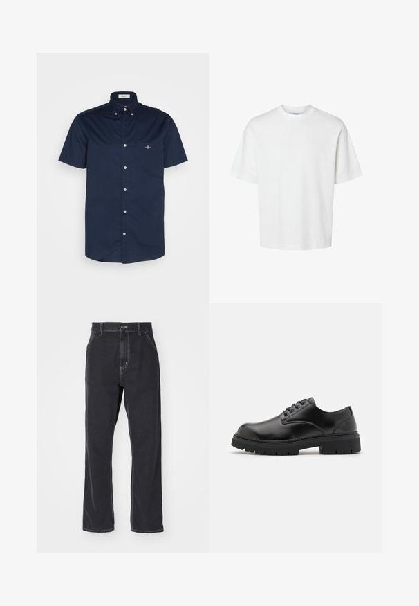 Tumši zils īsā piedurkne pogājams krekls no kokvilnas auduma, ar kabatu un mazu logo, kā arī izklājošu apkakli ar pogu aizdari.; Balts kokvilnas T-krekls ar īsām piedurknēm, apaļu kakla izgriezumu un brīvu piegriezumu. Gluda tekstūra bez redzamām rakstu vai akcentu detaļām.; Melnas džinsu bikses ar taisnu kāju griezumu, ar rāvējslēdzēju, piecām kabatām un kontrastējošām šuvēm.; Melnas ādas kurpes ar noapaļotu purngalu, mezglu dizainu un biezu, strukturētu gumijas zoli. Satur šuvju detaļas gar malu un gludu apdari.