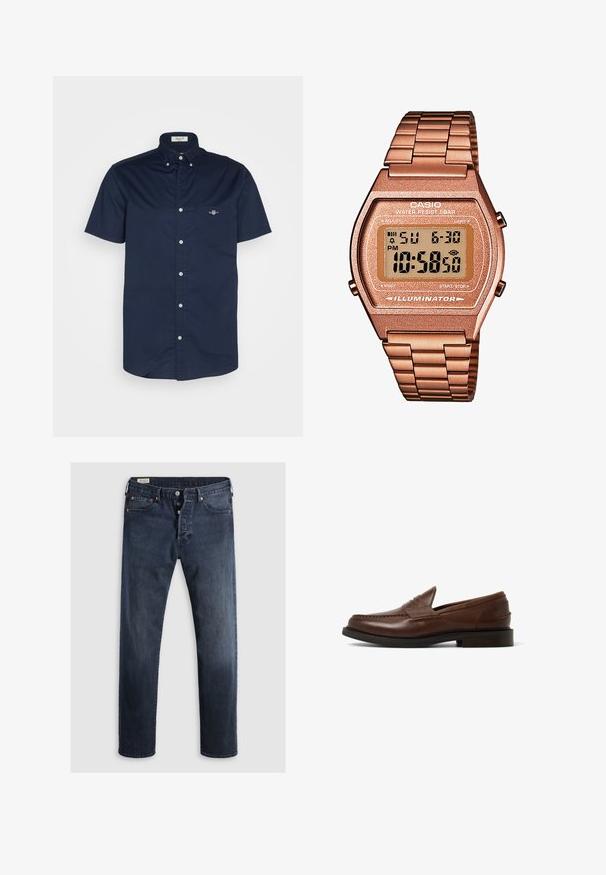 Camicia a maniche corte blu navy in tessuto di cotone, con tasca dotata di un piccolo logo e colletto alla francese con chiusure a bottoni.; Jeans in denim blu scuro con taglio dritto, dotati di zip frontale, bottoni metallici e rinforzi in rame. Texture liscia, senza motivi visibili.; Mocassini in pelle marrone con punta rotonda, dettaglio di cuciture incassate e tacco basso impilato. Texture liscia e design minimalista.; Orologio digitale Casio con cinturino in metallo rosa dorato, cassa rettangolare, display illuminato e resistenza all'acqua, che mostra l'ora e la data.