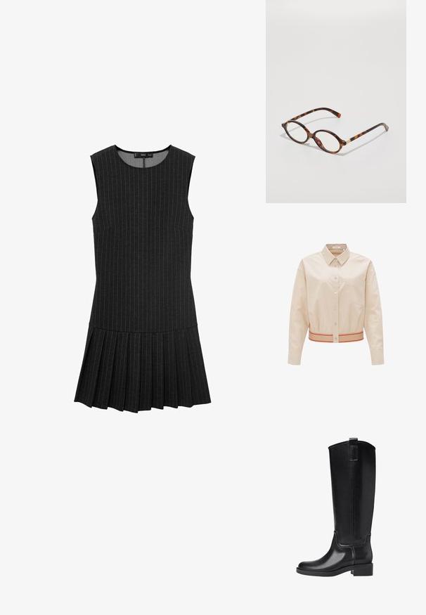 Camicia cropped color beige chiaro in cotone, con colletto classico, bottoni frontali, taschino sul petto e un orlo a strisce rosse e beige in contrasto.; Abito nero senza maniche con strisce verticali, una corsetto aderente e una gonna plissettata. Il tessuto è liscio con una finitura leggermente testurizzata.; Stivali neri al ginocchio realizzati in materiale sintetico liscio. Presentano una punta rotonda, un tacco basso e dettagli con cuciture verticali.; Occhiali da vista in tartaruga con montatura ovale, lenti trasparenti e dettagli dorati. Presentano tempie curve e una finitura liscia e lucida.; Set di orecchini in tono oro che comprende tre paia: orecchini a perno ovali texturizzati, orecchini a perno con design ondulato e grandi orecchini a cerchio con scanalature sovrapposte.