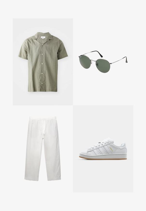 Camicia a maniche corte, con bottoni, di colore verde oliva, in tessuto leggero con colletto, dotata di cinque bottoni bianchi e una vestibilità comoda.; T-shirt bianco in cotone con maniche corte, scollo rotondo e vestibilità rilassata. Texture liscia senza pattern o dettagli visibili.; Pantaloni bianchi in lino con cintura elastica e cordoncino, design a gamba ampia e cuciture pulite. Texture liscia con vestibilità casual.; Sneaker bianca con design a tre strisce perforate, dettagli testurizzati, suola in gomma e logo "CAMPUS" in oro sul lato.; Occhiali da sole con montatura in metallo e lenti verdi ovali. Montatura sottile in metallo argento e terminali neri. Design minimalista, senza loghi visibili.
