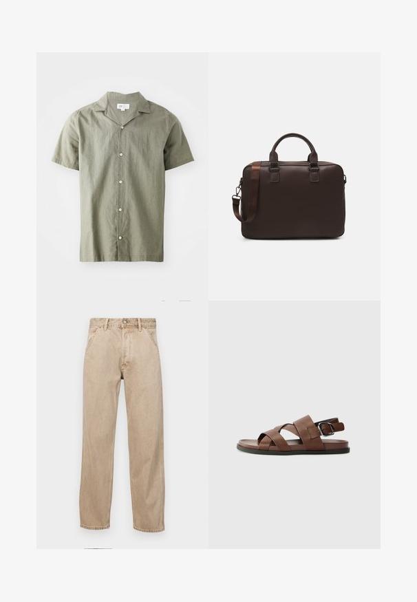 Kurzé rukávy, košeľa na gombíky v olivovo zelenej farbe, vyrobená z ľahkého materiálu s golierom, s piatimi bielymi gombíkmi a voľným strihom.; Bežové denimové rifle so strihom rovného nohu, s prednými vreckami, kovovým zapínaním na gombík a jemnou textúrou.; Hnedé kožené sandále s krížovými popruhmi, nastaviteľnou sponou, plochou podrážkou a hladkou textúrou. Minimalistický dizajn v neutrálnej farbe.; Hnedá kožená taška na laptop s textúrovaným povrchom, dvojitými hornými uchami, nastaviteľným popruhom a dvoma prednými prackami pre pridaný detail.