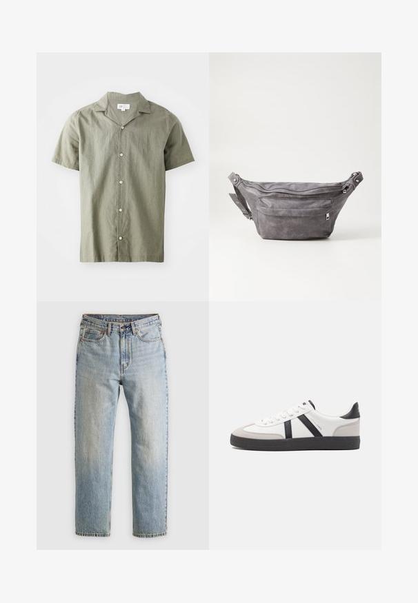 Camicia a maniche corte, con bottoni, di colore verde oliva, in tessuto leggero con colletto, dotata di cinque bottoni bianchi e una vestibilità comoda.; Jeans in denim azzurro chiaro con vita alta, bottone anteriore, cerniera e design a cinque tasche, adagiati su uno sfondo neutro.; Sneaker bianco con accenti neri e grigi, dotata di una punta grigia testurizzata, suola in gomma nera e lacci bianchi piatti. Design pulito, stile minimalista.; Fanny pack in suede grigio con forma arrotondata, due scomparti con cerniera e tracolla regolabile. Presenta dettagli in metallo.