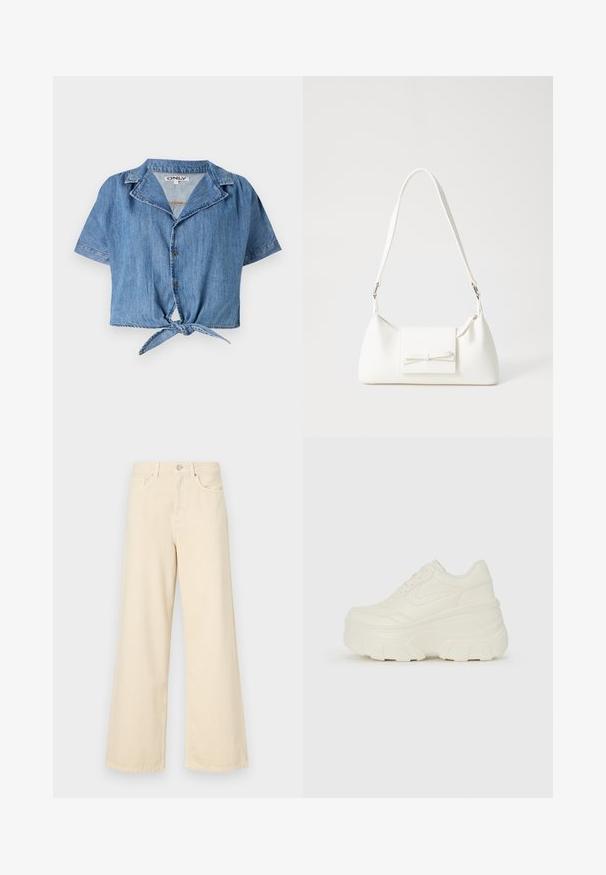 Short-sleeve cropped shirt in light blue denim, featuring a pointed collar, button front, and tied knot accent at the hem.; Beige wide-leg jeans made of cotton. Features a button closure, belt loops, and front pockets with a smooth, soft texture.; White platform sneakers featuring a smooth leather-like upper, rounded shape, padded collar, and textured rubber sole with defined treads.; White synthetic handbag with a triangular shape, flat front flap and bow detail, adjustable strap, smooth texture, and minimalistic design.