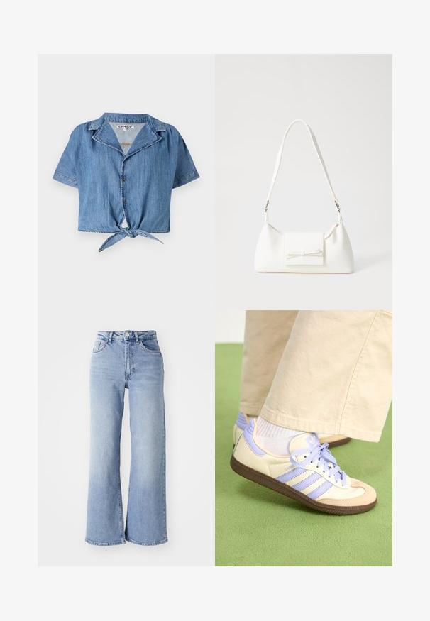 Short-sleeve cropped shirt in light blue denim, featuring a pointed collar, button front, and tied knot accent at the hem.; Light blue high-waist wide-leg jeans with front and back pockets, button closure, and subtle fading on the thighs and hems.; Cream and lavender sneakers with three stripes and a textured brown sole, featuring laces and a padded heel. Soft fabric upper.; White synthetic handbag with a triangular shape, flat front flap and bow detail, adjustable strap, smooth texture, and minimalistic design.