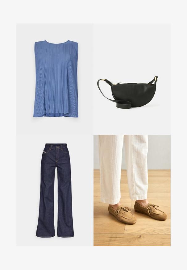Bezramenný modrý top vyrobený z volánkovanej látky, s okrúhlym výstrihom a voľným strihom, s vertikálnymi pruhmi vytvárajúcimi textúru po celom povrchu.; Tmavomodré široké džínsy z denimu s vysokým pásom, zdobené oranžovým šitím, päť vreckovým dizajnom a zapínaním na gombík.; Hnedé semišové loďkové topánky s šnúrkami, s okrúhlou špičkou a prešitými akcentmi. Nosia sa s bielymi kordovým nohavicami v drevenom prostredí.; Čierna kožená crossbody taška v tvare polmesiaca, s textúrovaným povrchom, zlatým zipsom a plochým popruhom. Kompaktný dizajn vhodný pre nevyhnutnosti.; Zlaté kruhové náušnice s textúrovaným, nepravidelným tvarom. Majú bezšvové uzatváranie a lesklý povrch, čo podčiarkuje moderný dizajn.